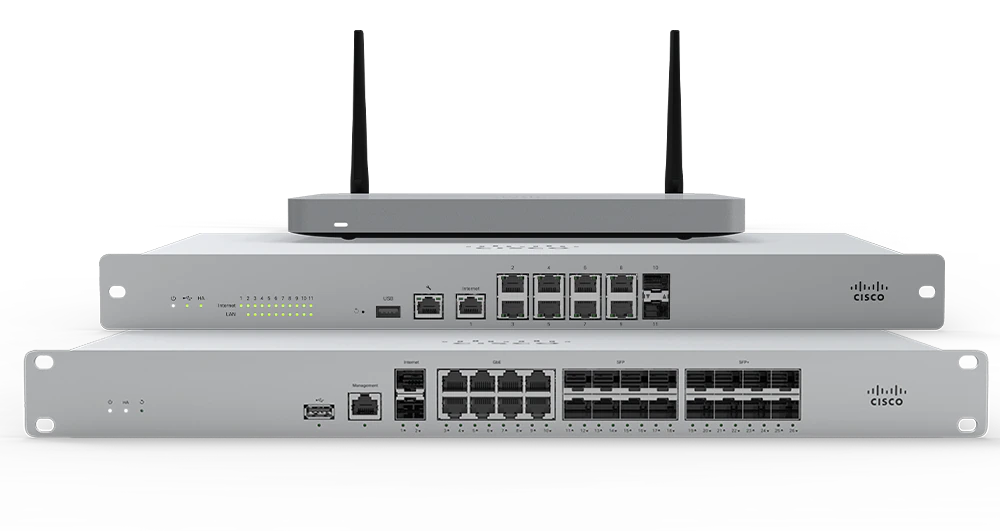 Silver Cisco switches stacked with a Cisco Meraki WiFi router on top