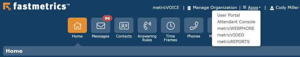 metricVOICE online user portal home screen showing admin view and tabs