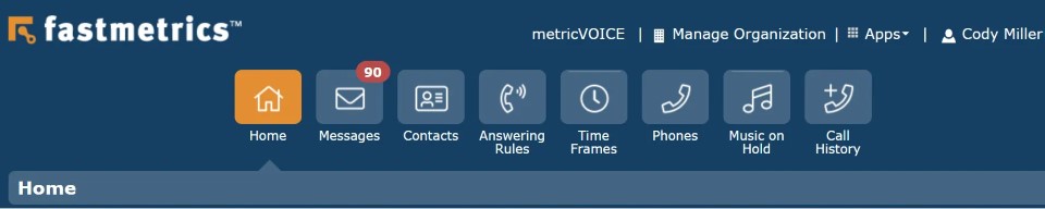metricVOICE online user portal home screen showing admin view and tabs
