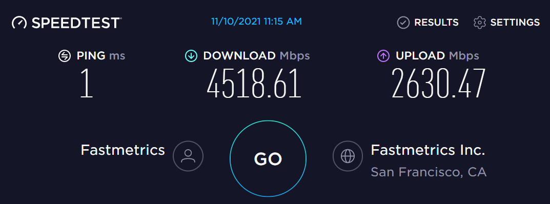 fastmetrics ISP gigabit speedtest san francisco 10th Nov 2021