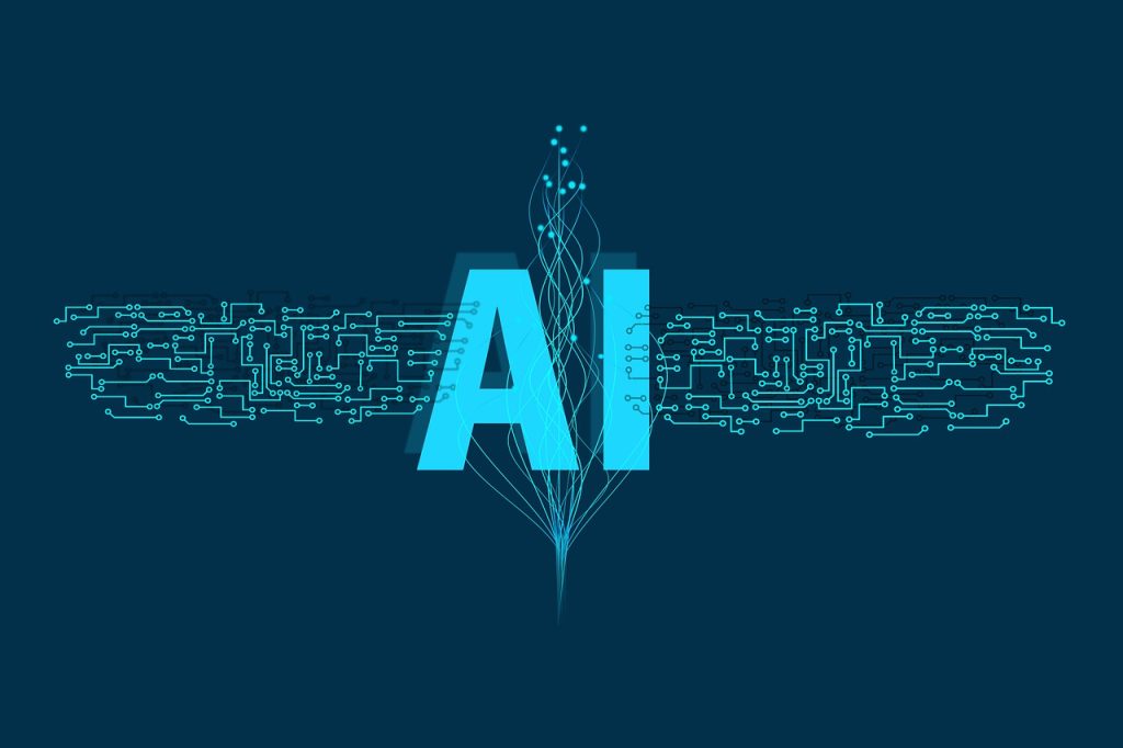 artificial intelligence AI letters in blue with circuit board images